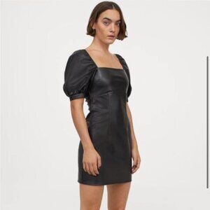 H&M Divided Faux Leather Puff Sleeve Tie back Mini Dress size M